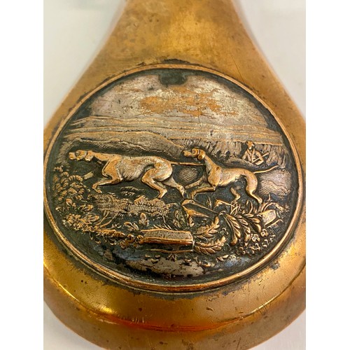 218 - Antique  Brass / Copper James Dixon and Sons ‘Improved Patent’ Powder Flask with Hunt Scene Plaque D... 