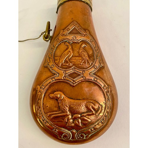 219 - Antique  Brass / Copper Dog and Bird Decorated Powder Flask 15.5cm x 7.5cm