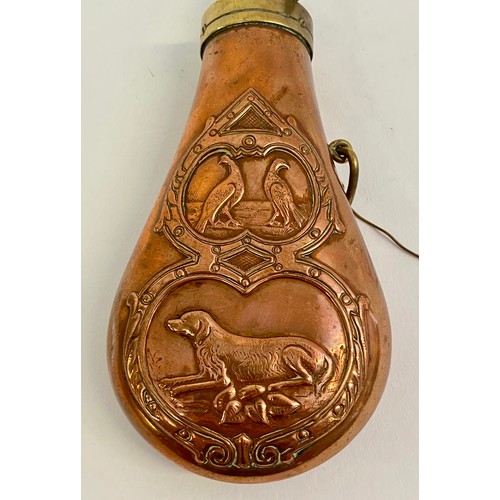 219 - Antique  Brass / Copper Dog and Bird Decorated Powder Flask 15.5cm x 7.5cm