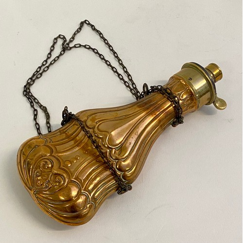 220 - Antique  Brass / Copper Decorated Dixon and Sons Patent Powder Flask and Chain with Markings to Spou... 