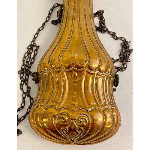 220 - Antique  Brass / Copper Decorated Dixon and Sons Patent Powder Flask and Chain with Markings to Spou... 