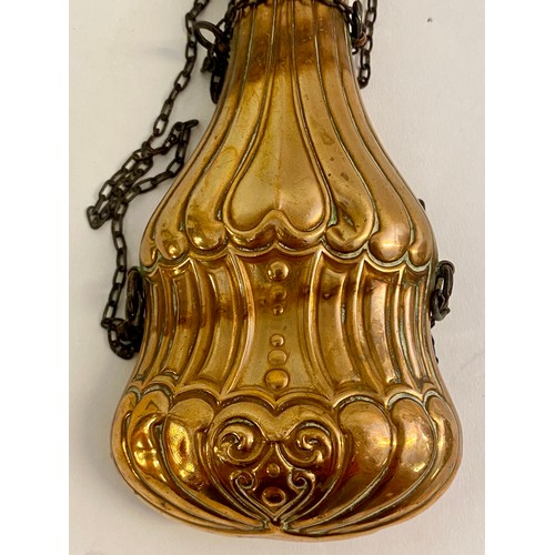 220 - Antique  Brass / Copper Decorated Dixon and Sons Patent Powder Flask and Chain with Markings to Spou... 