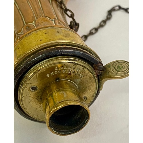 220 - Antique  Brass / Copper Decorated Dixon and Sons Patent Powder Flask and Chain with Markings to Spou... 