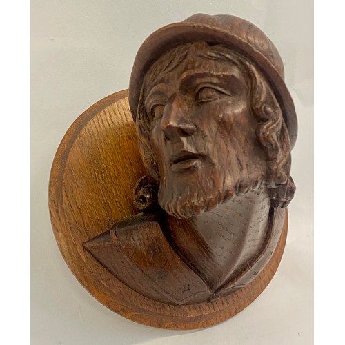 230 - Antique  Carved Wooden Wall Relief Plaque of a Gentleman’s Head 14cm x 10cm