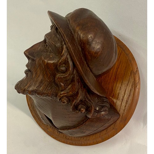 230 - Antique  Carved Wooden Wall Relief Plaque of a Gentleman’s Head 14cm x 10cm