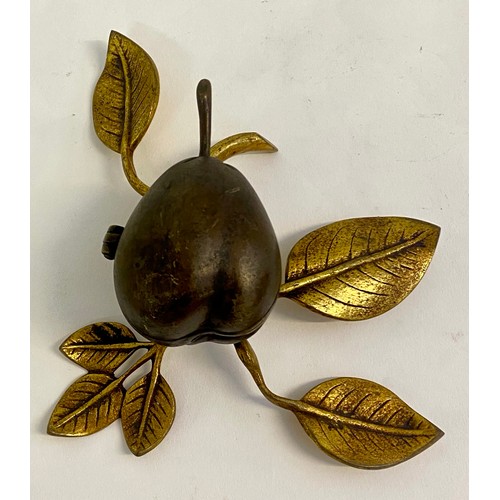 232 - Vintage Brass / Bronze Pear and Leaf Design Hinged Trinket Box 20cm x 16cm x 9cm