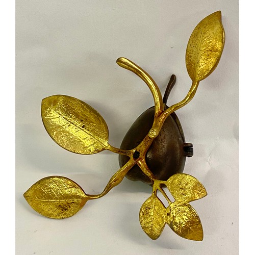 232 - Vintage Brass / Bronze Pear and Leaf Design Hinged Trinket Box 20cm x 16cm x 9cm