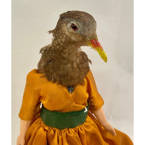 241 - Vintage Macabre Amalgamated Taxidermy Oddity of a Birds Head on Dressed Woman Doll Body, Raised on B... 