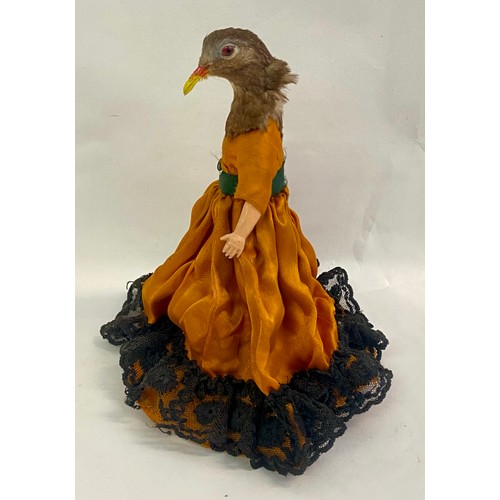 241 - Vintage Macabre Amalgamated Taxidermy Oddity of a Birds Head on Dressed Woman Doll Body, Raised on B... 