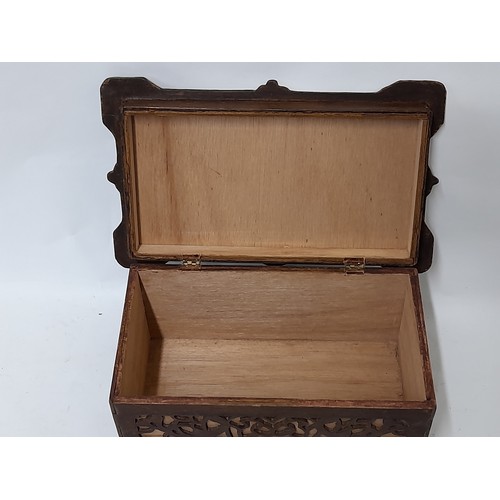 215 - Wooden Fretwork Box with hinged lid, 31cm x 19 cm x 16cm