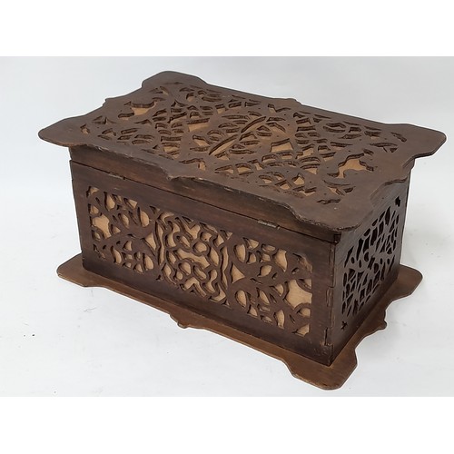 215 - Wooden Fretwork Box with hinged lid, 31cm x 19 cm x 16cm