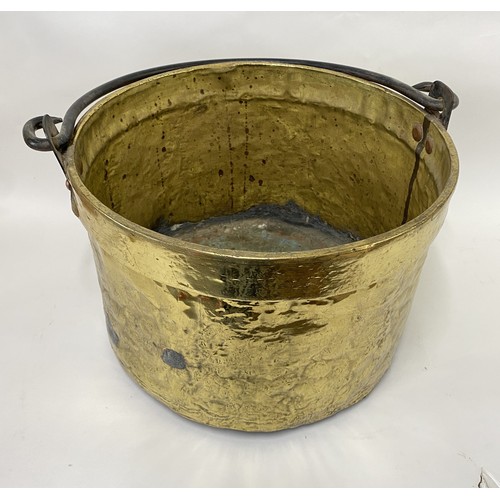 304 - Large Vintage Brass Coal / Log Bucket With Iron Swing Handle. 32cm Height, 43cm Diameter