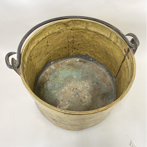 304 - Large Vintage Brass Coal / Log Bucket With Iron Swing Handle. 32cm Height, 43cm Diameter