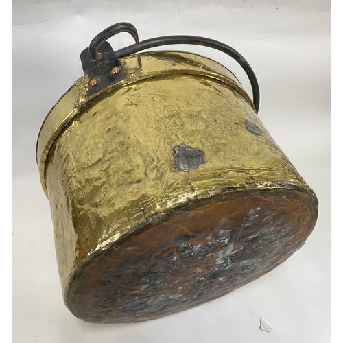 304 - Large Vintage Brass Coal / Log Bucket With Iron Swing Handle. 32cm Height, 43cm Diameter