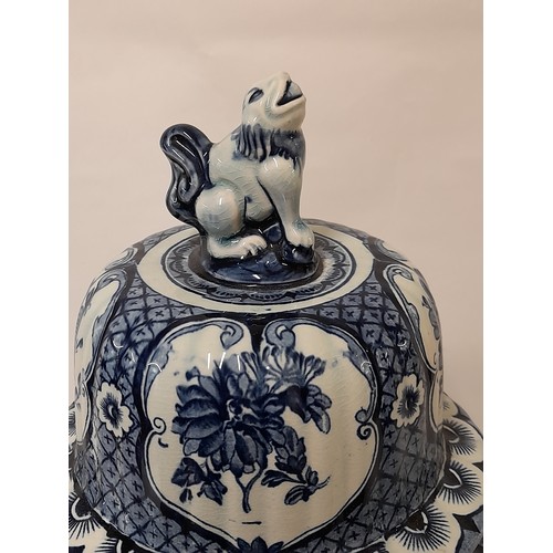 234 - Royal Sphinx Maastricht Delft Vase with Foo Dog Finial with Stamp to base, 46cm high x 23cm diameter