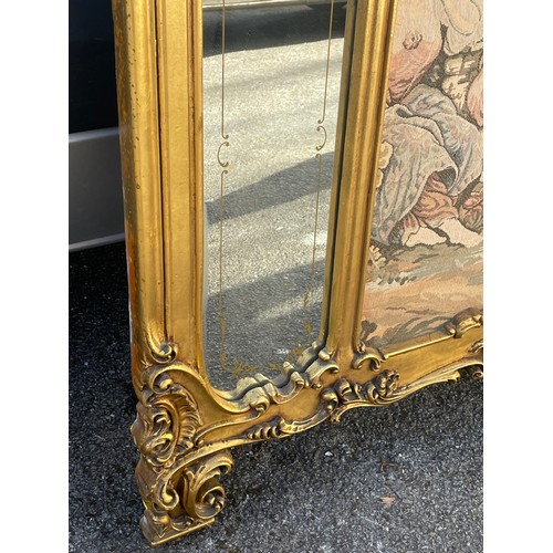 26 - Large Gilt  Mirror With Coat Hooks With A Needlepoint Tapestry Centre. Measures 6 Foot 8 Inches Wide... 