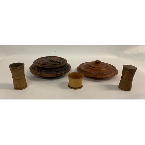 208 - 2 x Carved Wooden Lidded Circular Boxes Together With 3 Vintage Wooden Dice Tumblers
Both Boxes 17 c... 