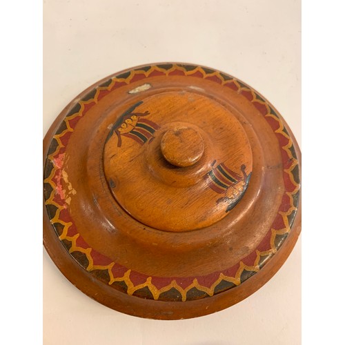 208 - 2 x Carved Wooden Lidded Circular Boxes Together With 3 Vintage Wooden Dice Tumblers
Both Boxes 17 c... 