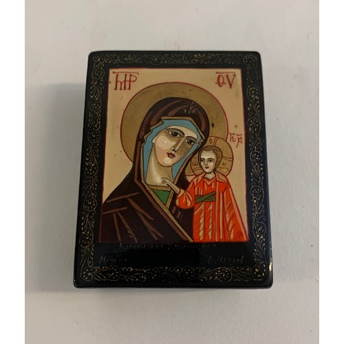 278 - Vintage Russian Paper Mache Box Having Madonna Decoration To The Top
7 x 5 x 2.5 cms h