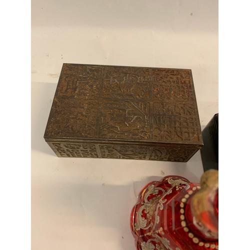 284 - Antique Chinese Paper Mache Box Together With Inlaid Glass Perfume Bottle af , An Indian Decorated T... 