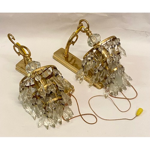 366 - Pair of Small Vintage Crystal Drop Wall Chandelier Lights. 26cm Height. 11cm Diameter