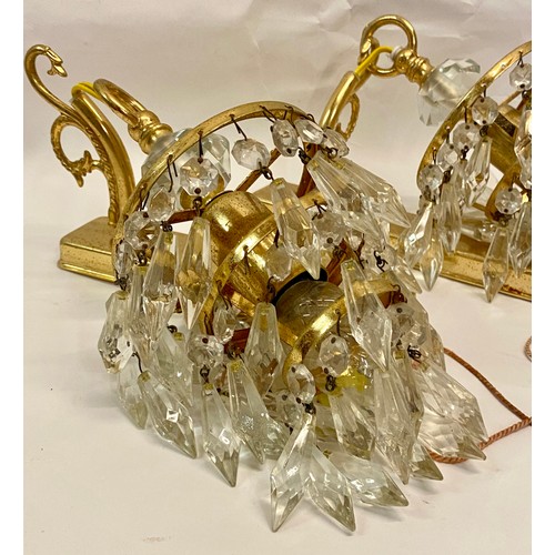 366 - Pair of Small Vintage Crystal Drop Wall Chandelier Lights. 26cm Height. 11cm Diameter