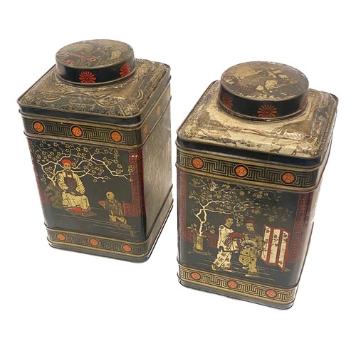 367 - Vintage Matched Pair of Square Oriental Style Tea Tins with Rounded Lids Depicting Geisha and Temple... 