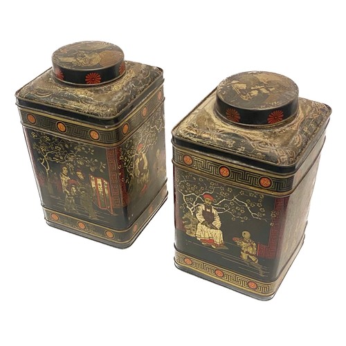 367 - Vintage Matched Pair of Square Oriental Style Tea Tins with Rounded Lids Depicting Geisha and Temple... 