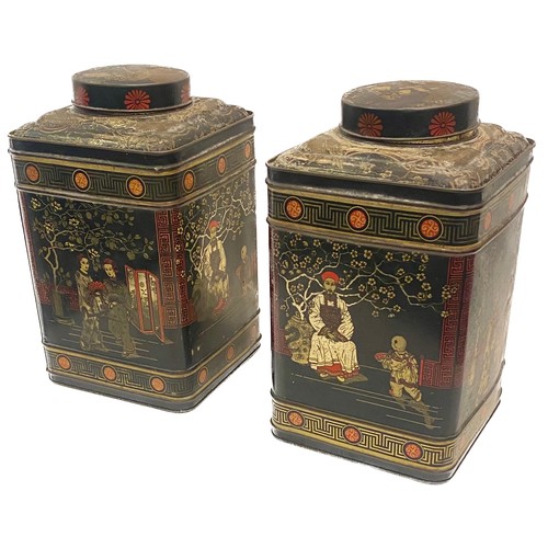 367 - Vintage Matched Pair of Square Oriental Style Tea Tins with Rounded Lids Depicting Geisha and Temple... 