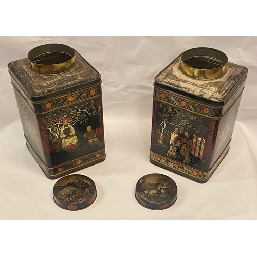 367 - Vintage Matched Pair of Square Oriental Style Tea Tins with Rounded Lids Depicting Geisha and Temple... 