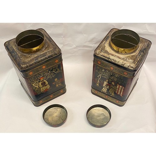 367 - Vintage Matched Pair of Square Oriental Style Tea Tins with Rounded Lids Depicting Geisha and Temple... 