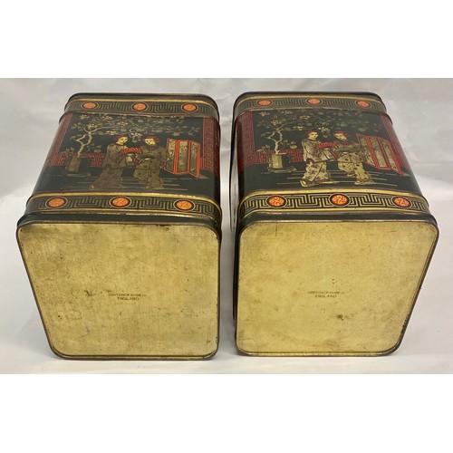 367 - Vintage Matched Pair of Square Oriental Style Tea Tins with Rounded Lids Depicting Geisha and Temple... 