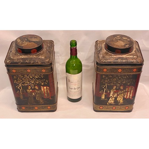 367 - Vintage Matched Pair of Square Oriental Style Tea Tins with Rounded Lids Depicting Geisha and Temple... 