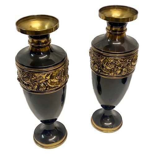 368 - Pair of Tall Metal Gilt Flower Rim Design Vases 44cm Height