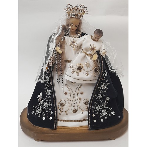 338 - Continental wax headed Marriage DOLL in glass dome, 34cm h x 30cmw x 17cm d