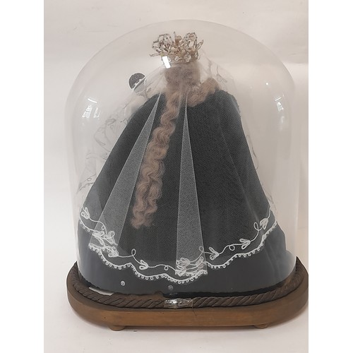 338 - Continental wax headed Marriage DOLL in glass dome, 34cm h x 30cmw x 17cm d