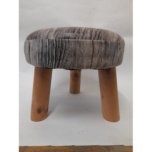 222 - Small 3 legged Stool with wood effect upholstery, 30cm diameter x 26cm high