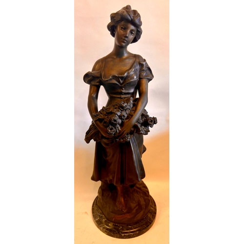 382 - Bronzed Statue Of a lady holding a Bouquet of flowers On A Marble Base With Signature To Side. 56cm ... 