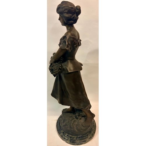 382 - Bronzed Statue Of a lady holding a Bouquet of flowers On A Marble Base With Signature To Side. 56cm ... 