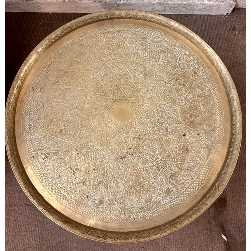 383 - Indian Folding Table with Large Brass Decorated Tray Top. 51cm x 60cm