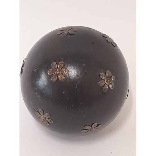 353 - Medieval Style wooden Ball with Metal flower decoration, 10cm diameter