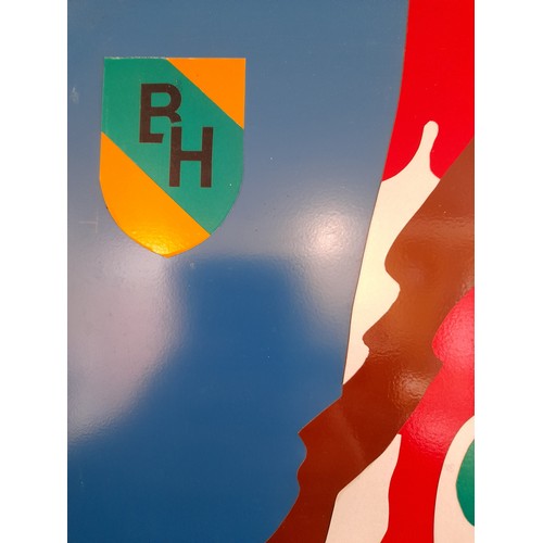 387 - Vinyl Collage Art on Metal SIGNED to Edge Haud RIA 88 ,91CM X 90CM. Brown Face With Blue Background