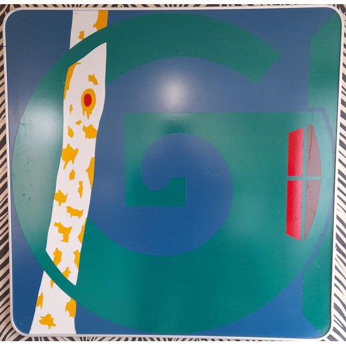 388 - Vinyl Collage Art on Metal SIGNED to Edge Haud RIA 88 ,91CM X 90CM. Green G Letter on Blue backgroun... 