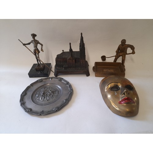 357 - 5 x cast metal ornamental items to include Pewter Plate, Koln Cathedral trinket box, Brass Plated Ma... 