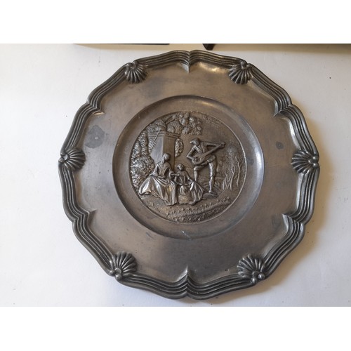 357 - 5 x cast metal ornamental items to include Pewter Plate, Koln Cathedral trinket box, Brass Plated Ma... 