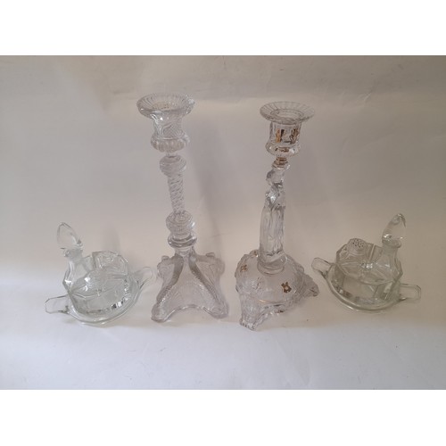 359 - Quantity of Glass items to include Candlesticks, Cruet sets, Decanter, etc