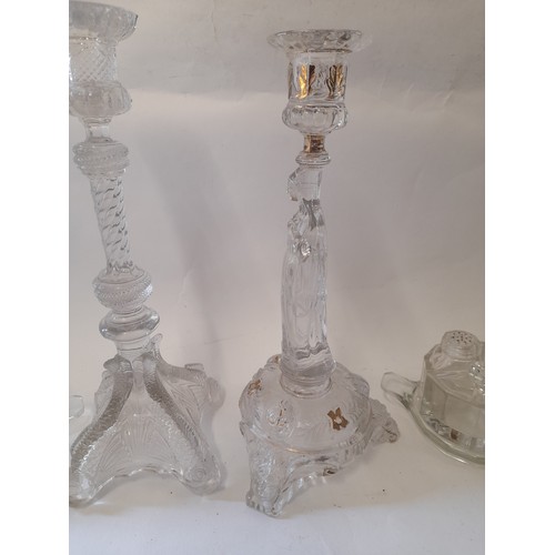 359 - Quantity of Glass items to include Candlesticks, Cruet sets, Decanter, etc