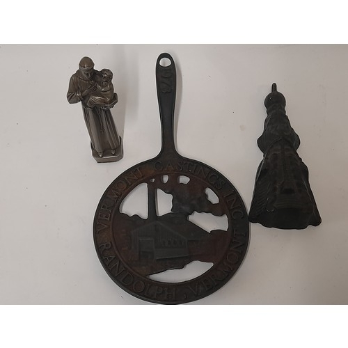 394 - Cast white metal religious figure, cast iron Skillet and an antique Blind/Curtain weight/pull handle