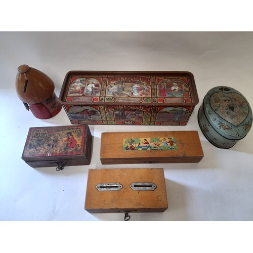 395 - 6 x Vintage boxes to include 2 tin boxes and 2 money boxes