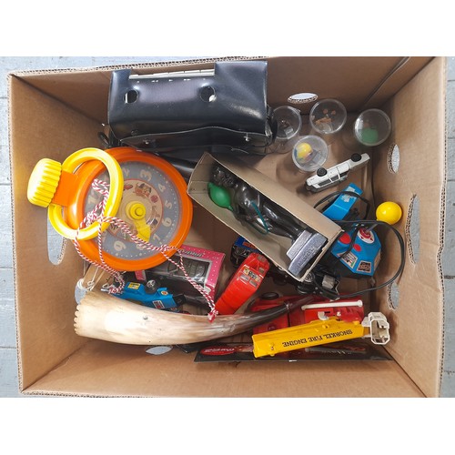 398 - Box of mainly Toys to include Playmobile, Glove puppets, cars, etc